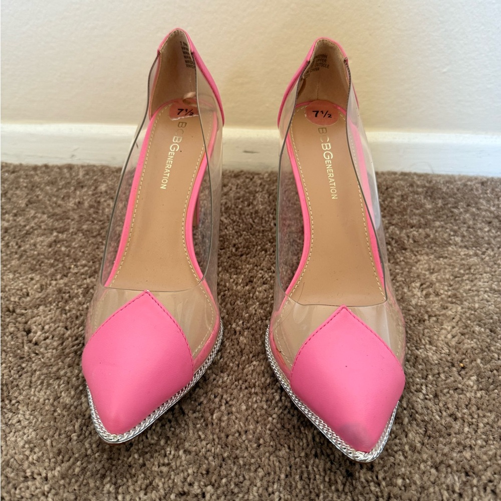 BCBGeneration Pink Heels with Pointed Toe and Transparent Design